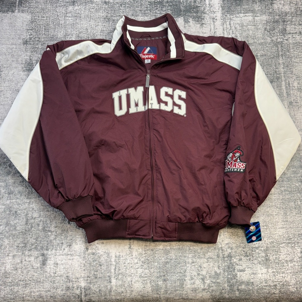 UMASS Minutemen Jacket Mens 2XL Majestic Dugout Bomber Fleece Lined Stitched